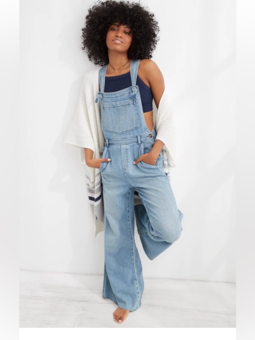 AERIE Wide Leg Lightweight Denim Overalls XS Blue Boho Relaxed Country Mom